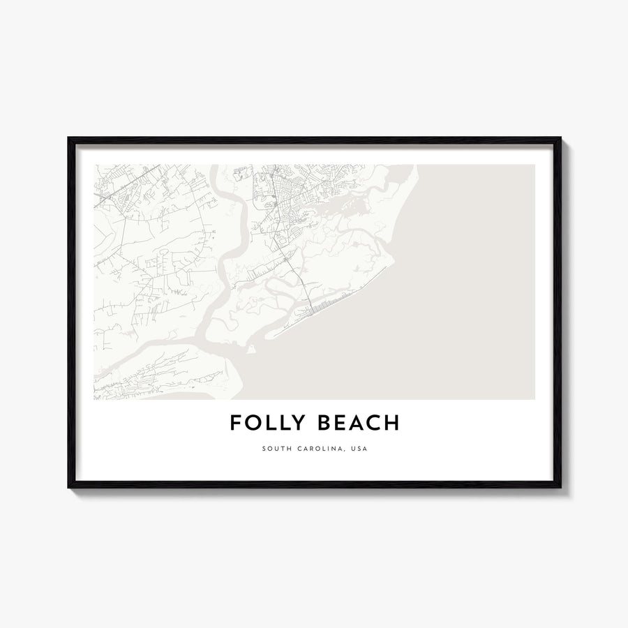 Folly Beach black & white map poster of South Carolina, USA – horizontal wall art, unframed print shown in interior mockup