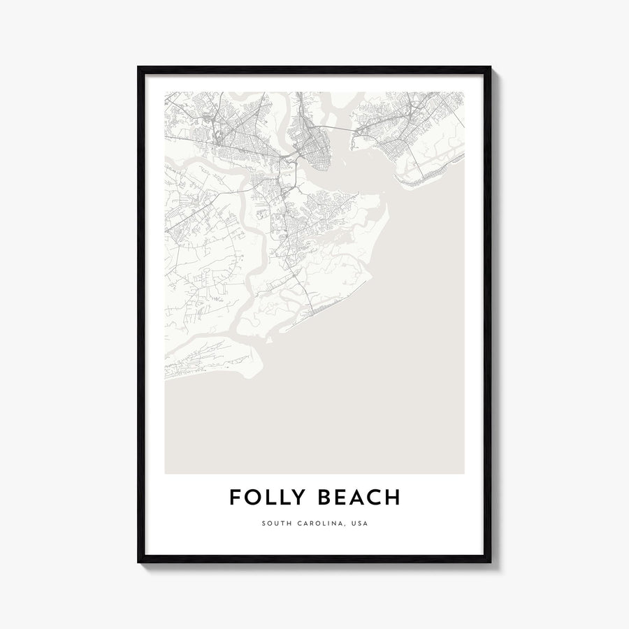 Folly Beach black & white map poster of South Carolina, USA – vertical wall art, unframed print shown in interior mockup