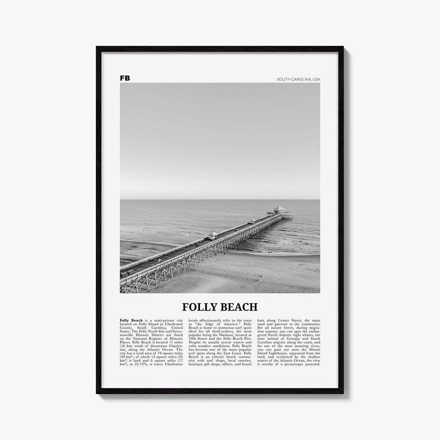Folly Beach black & white newspaper poster of South Carolina, USA – vertical wall art, unframed print shown in interior mocku