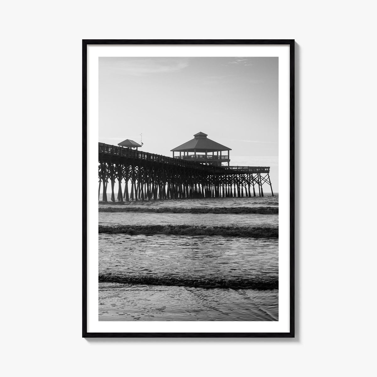 Folly Beach black & white photo poster of South Carolina, USA – vertical wall art, unframed print shown in interior mockup