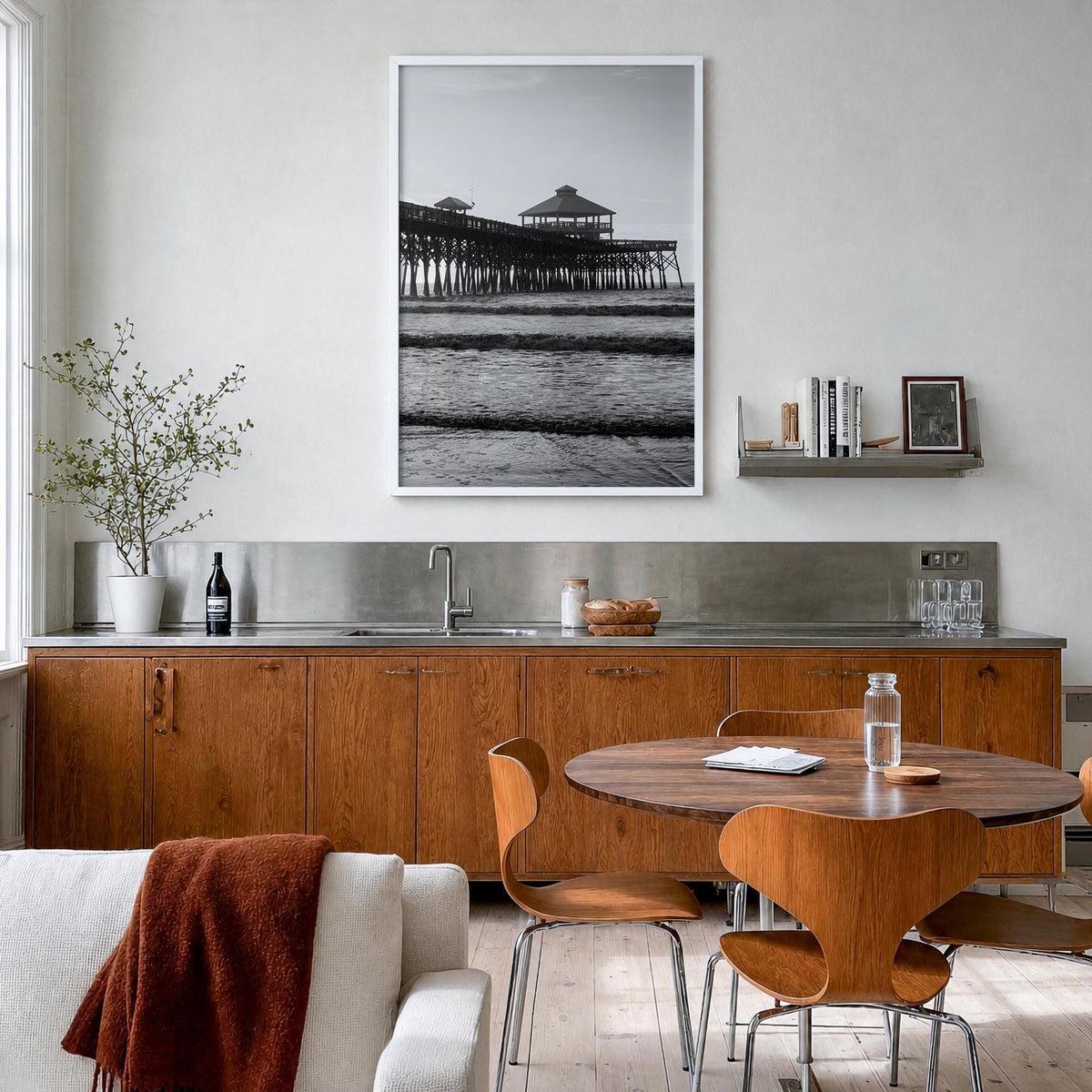 Folly Beach black & white photo poster of South Carolina, USA – vertical wall art in white wood frame, hanging on wall
