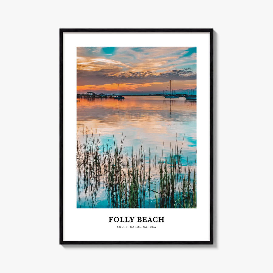 Folly Beach colorful classic poster of South Carolina, USA – vertical wall art, unframed print shown in interior mockup
