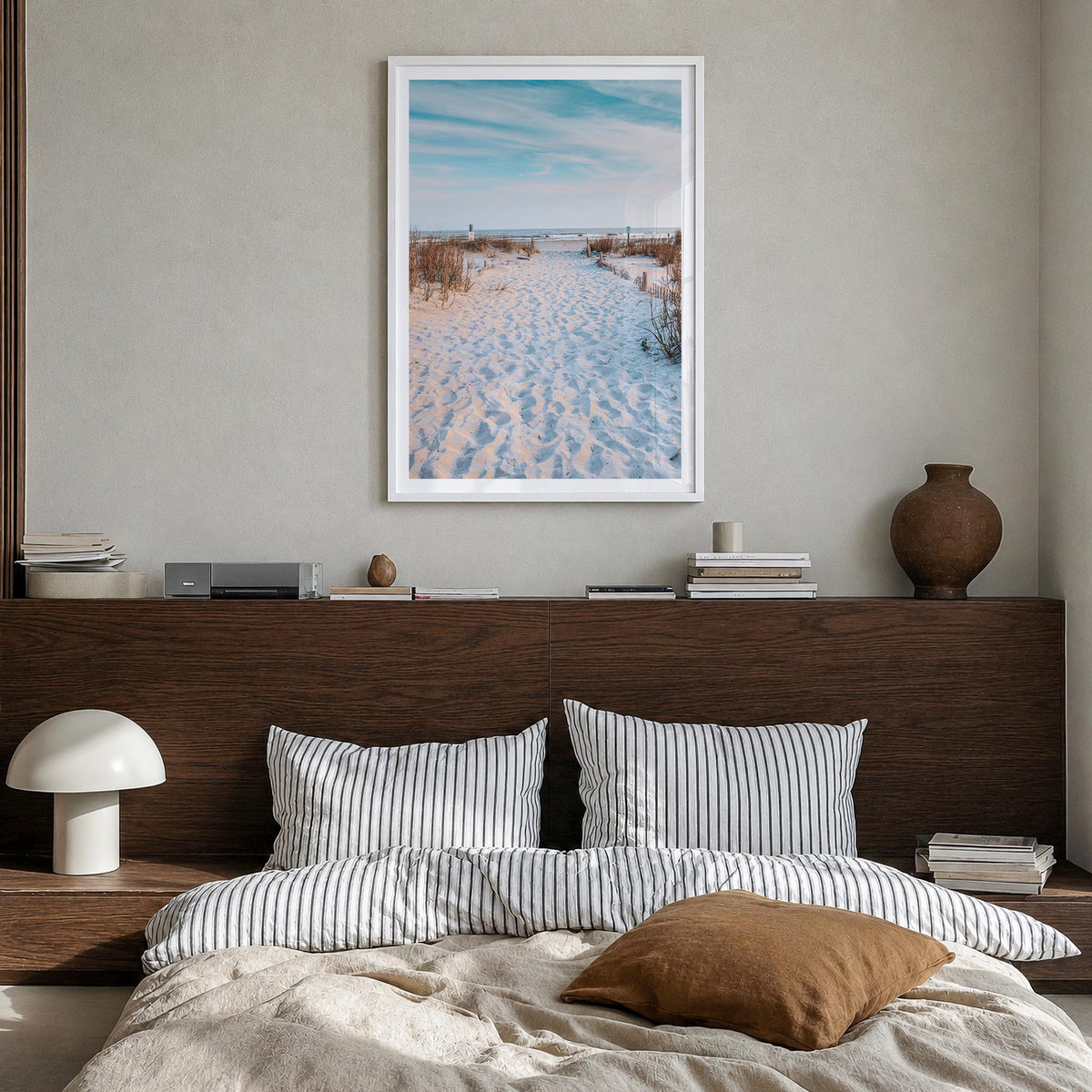 Folly Beach colorful photo poster of South Carolina, USA – vertical wall art in white wood frame with white border, hanging o