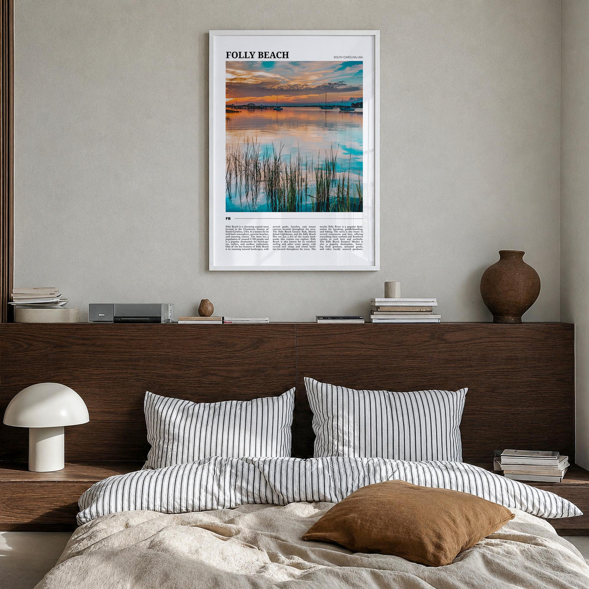 Folly Beach colorful travel poster of South Carolina, USA – vertical wall art in white wood frame, hanging on wall