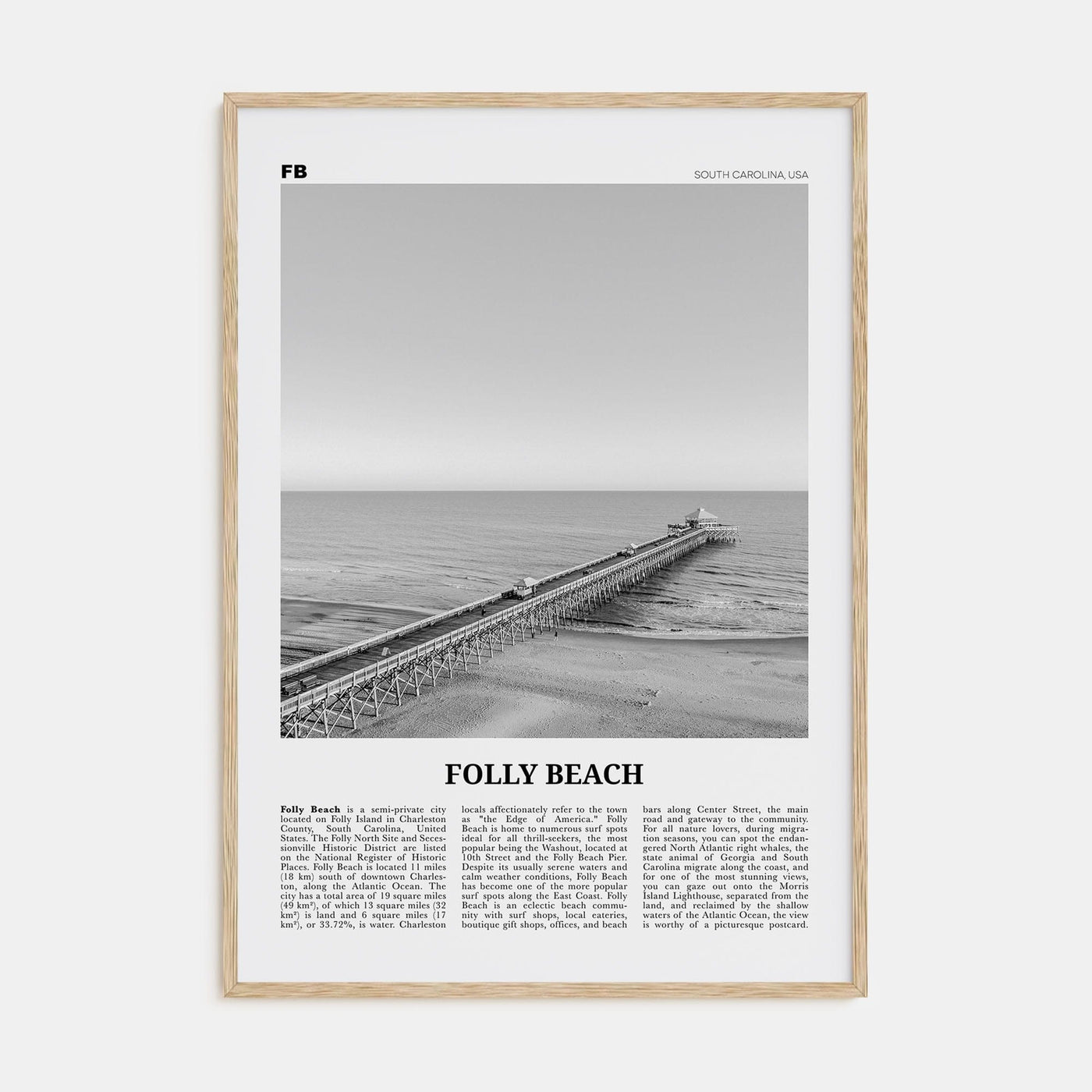 Folly Beach Poster Natural Wood / 8x12 in Nbourhood Travel B&W Poster