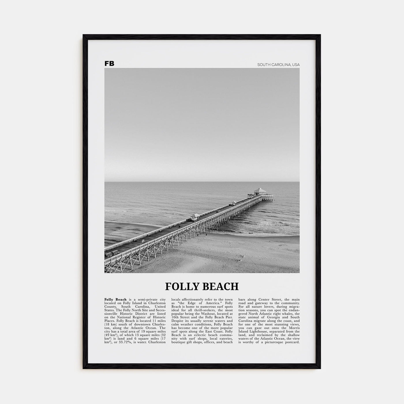 Folly Beach Poster Black Wood / 8x12 in Nbourhood Travel B&W Poster