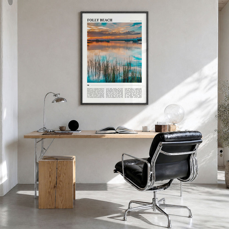 Folly Beach Travel Poster in a black wood frame, hanging in a bright home office