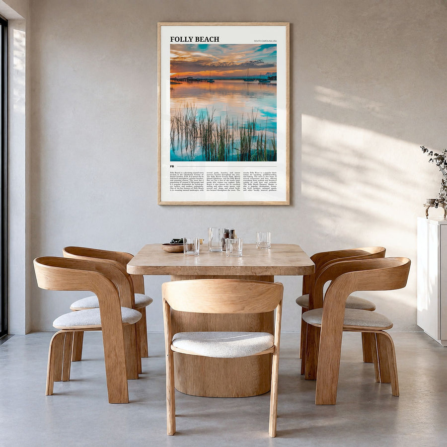 Folly Beach Travel Poster in a natural wood frame, hanging in a dining room