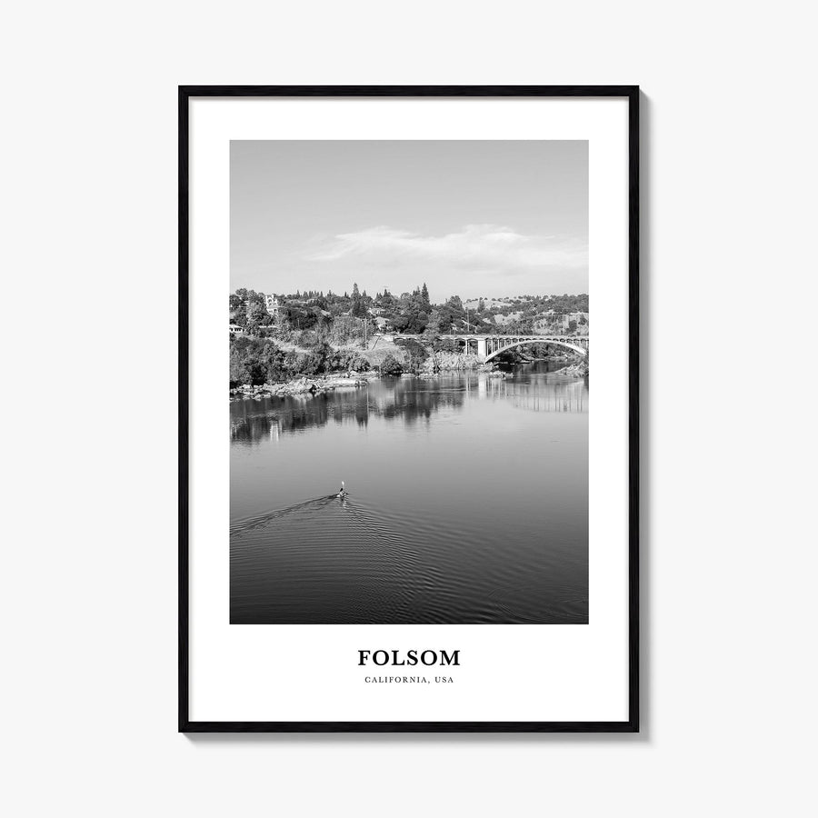 Folsom black & white classic poster of California, USA – vertical wall art, unframed print shown in interior mockup