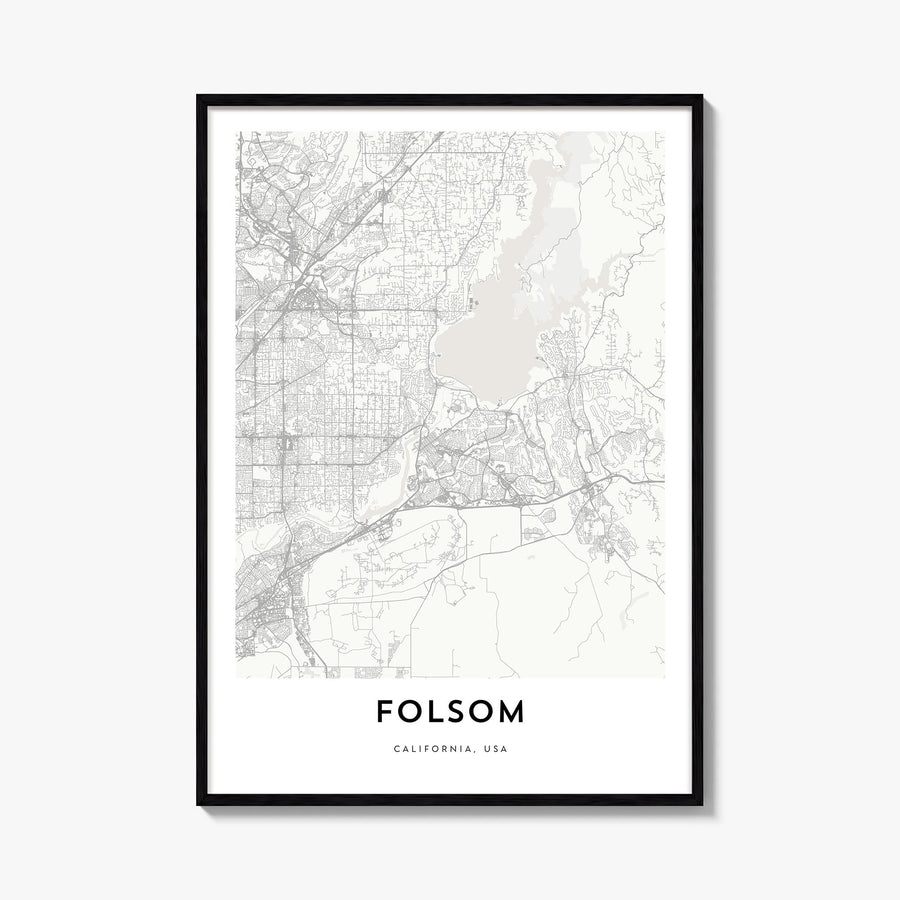 Folsom black & white map poster of California, USA – vertical wall art, unframed print shown in interior mockup