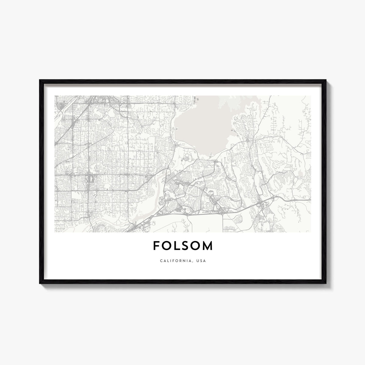 Folsom black & white map poster of California, USA – horizontal wall art, unframed print shown in interior mockup
