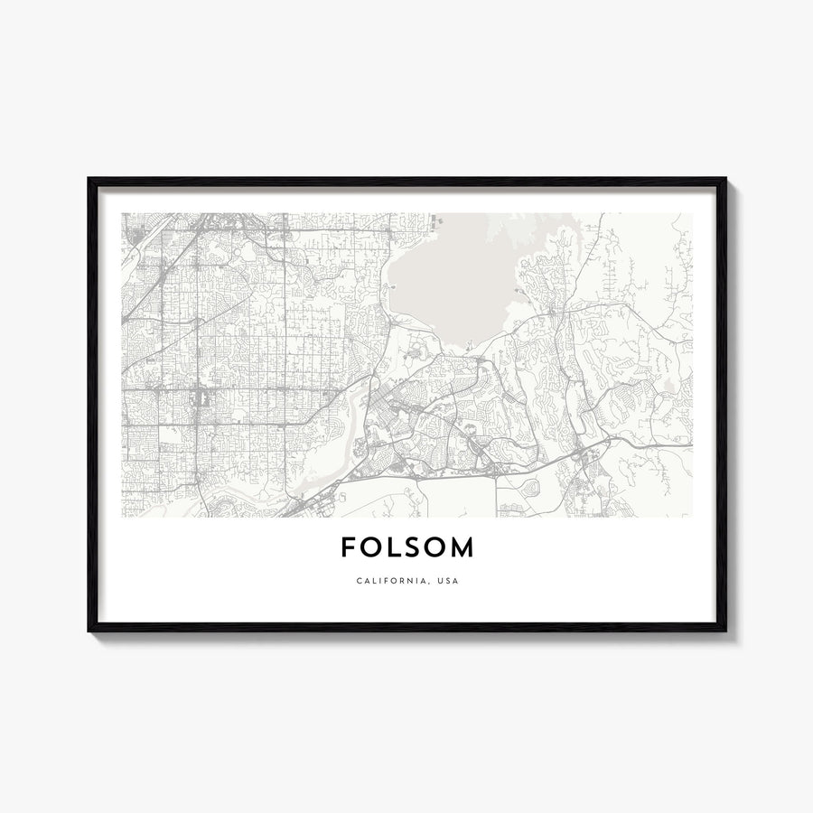 Folsom black & white map poster of California, USA – horizontal wall art, unframed print shown in interior mockup