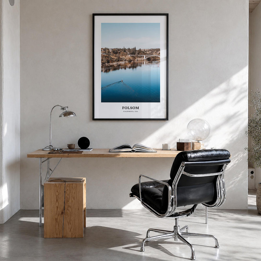 Folsom colorful classic poster of California, USA – vertical wall art in black wood frame, hanging on wall
