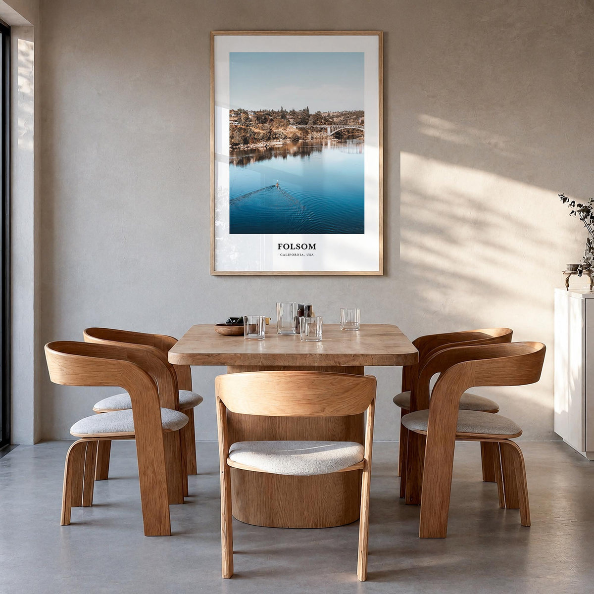 Folsom colorful classic poster of California, USA – vertical wall art in natural wood frame, hanging on wall