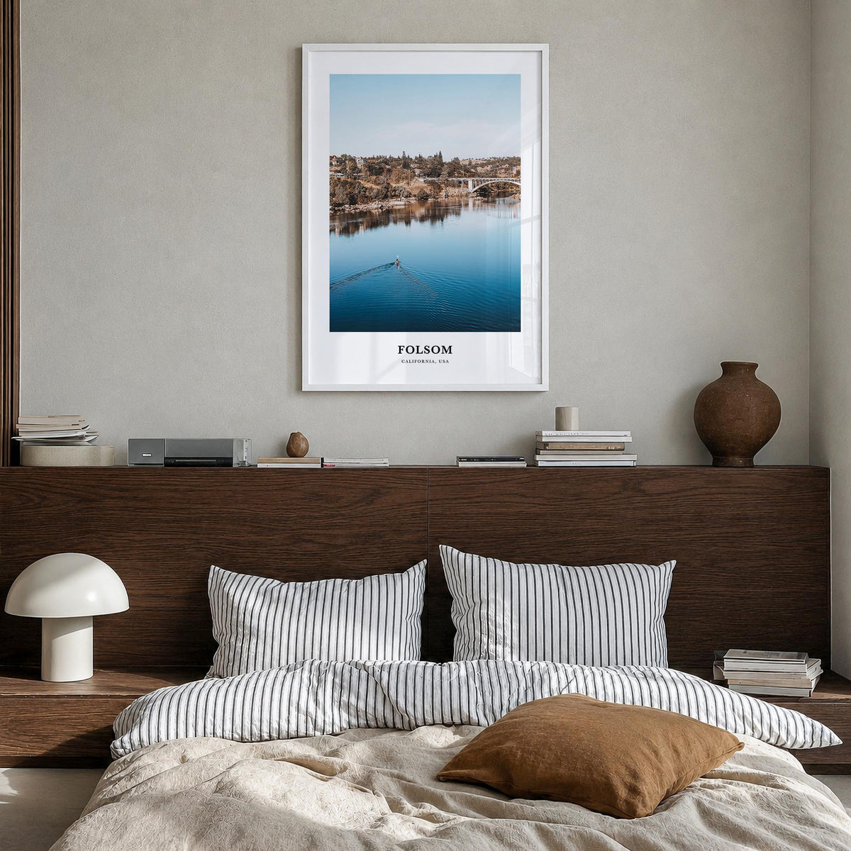 Folsom colorful classic poster of California, USA – vertical wall art in white wood frame, hanging on wall
