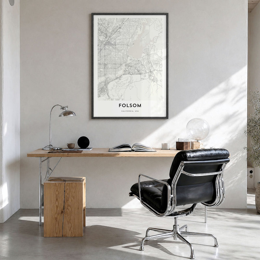 Folsom Map Poster in a black wood frame, hanging in a bright home office