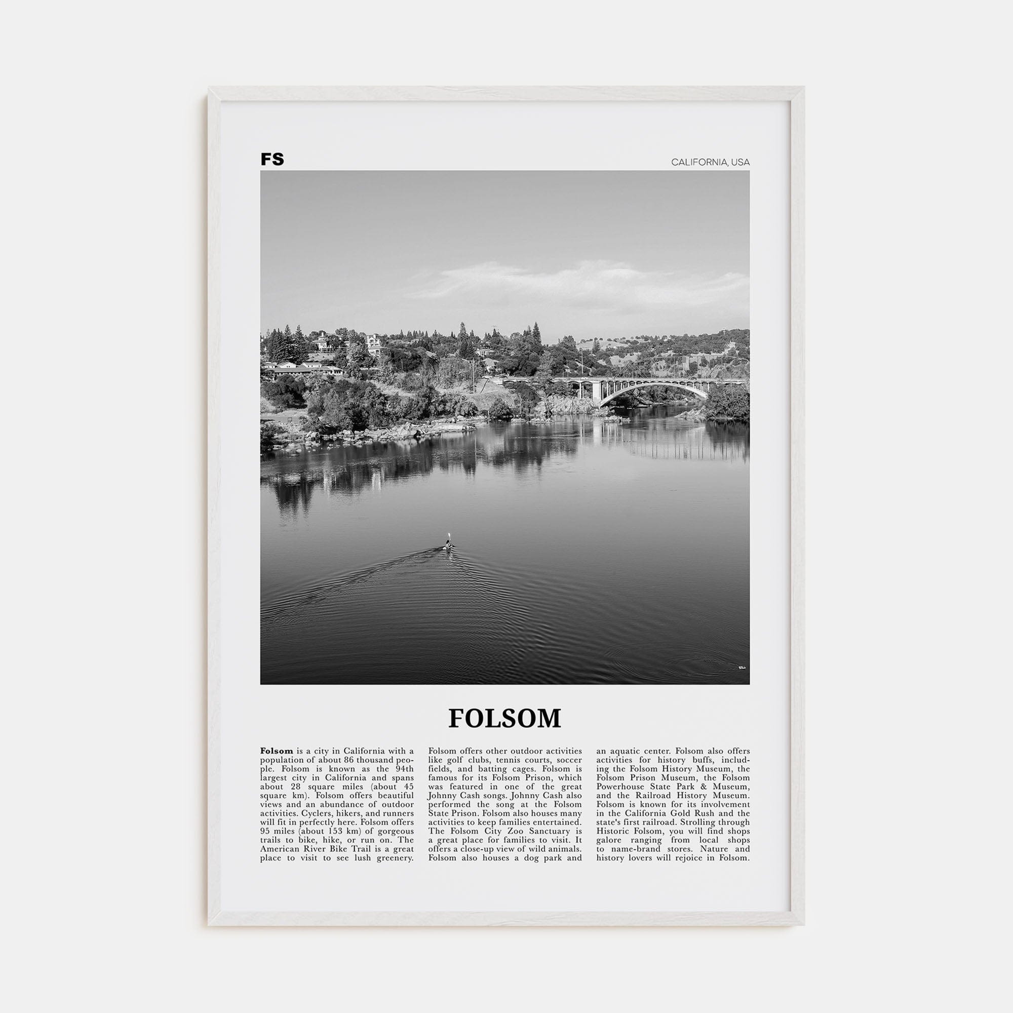 Folsom Poster White Wood / 8x12 in Nbourhood Travel B&W Poster