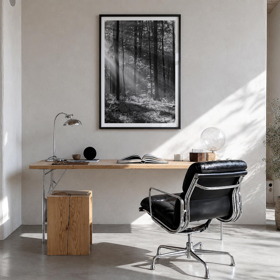 Forest black & white photo poster – vertical wall art in black wood frame with white border, hanging on wall