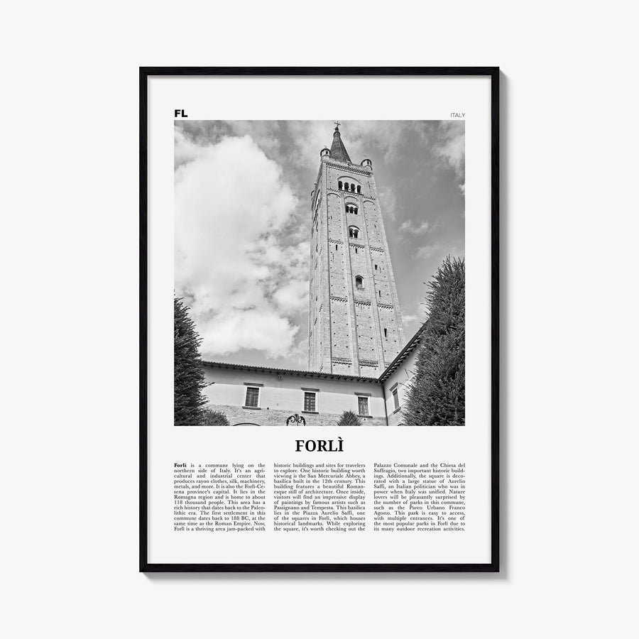 Forlì black & white newspaper poster of Italy – vertical wall art, unframed print shown in interior mockup