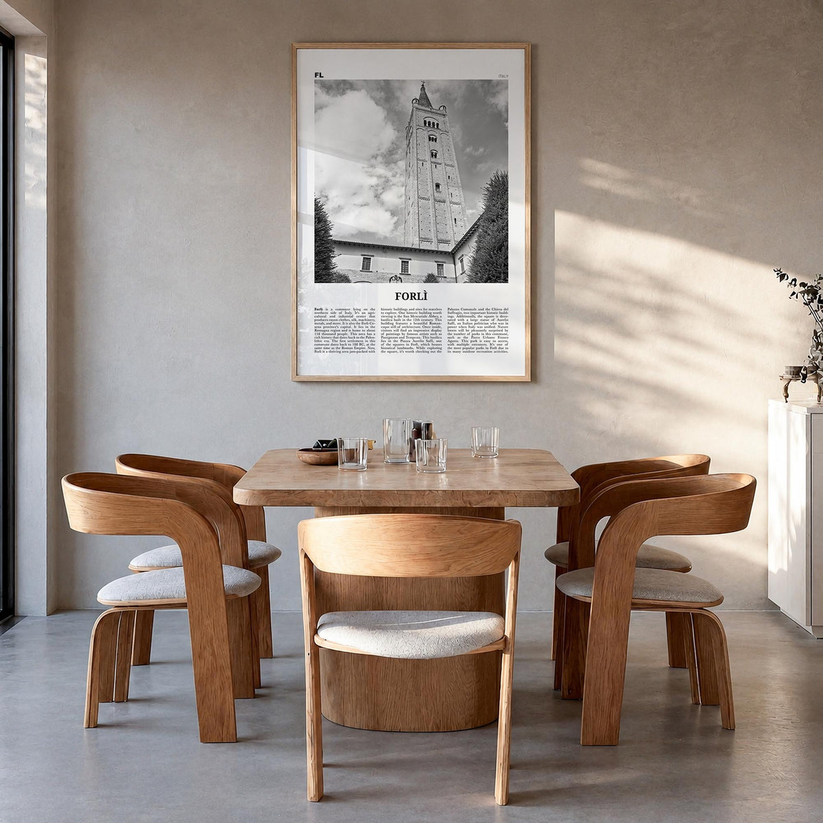 Forlì black & white newspaper poster of Italy – vertical wall art in natural wood frame, hanging on wall