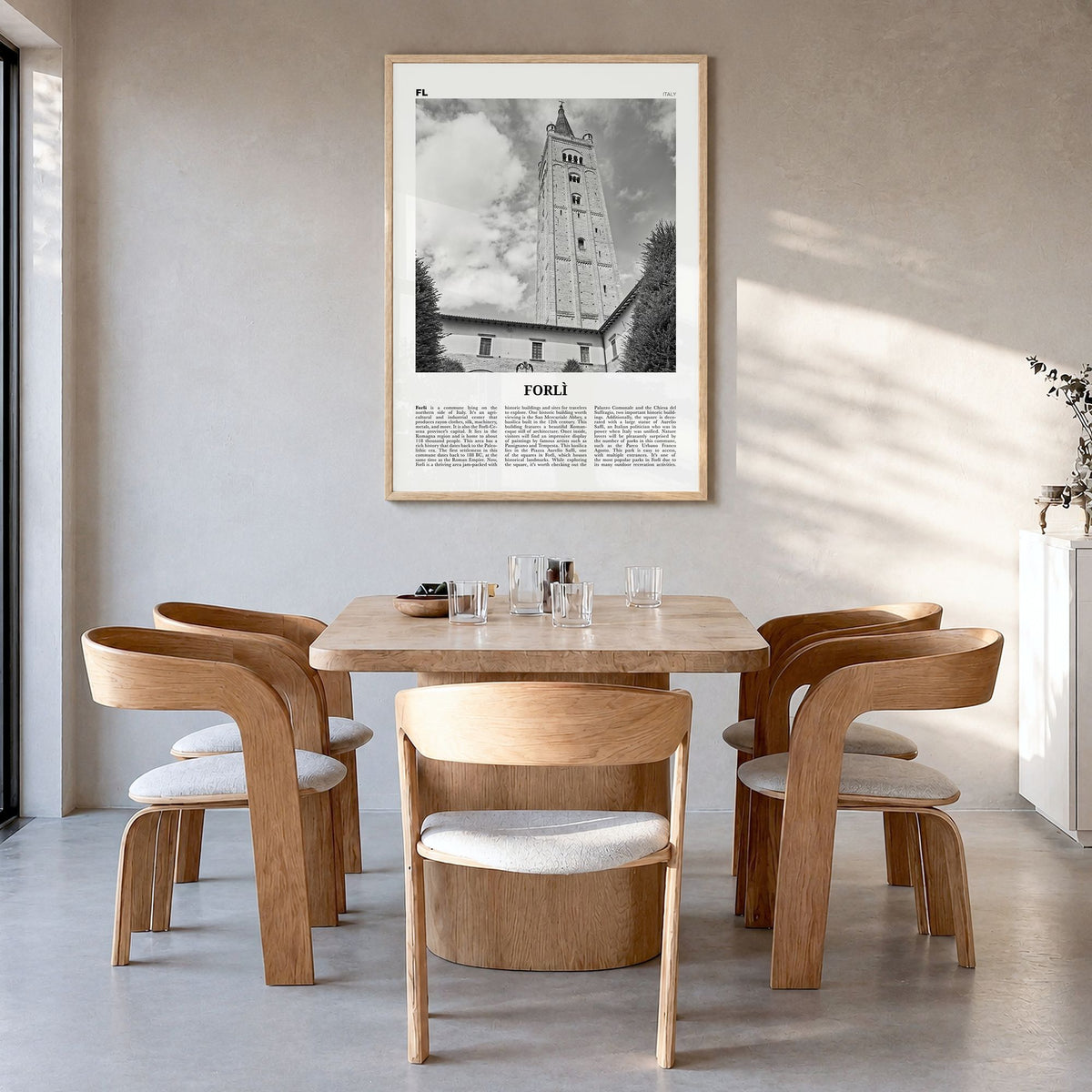 Forlì Newspaper Poster in a natural wood frame, hanging in a dining room