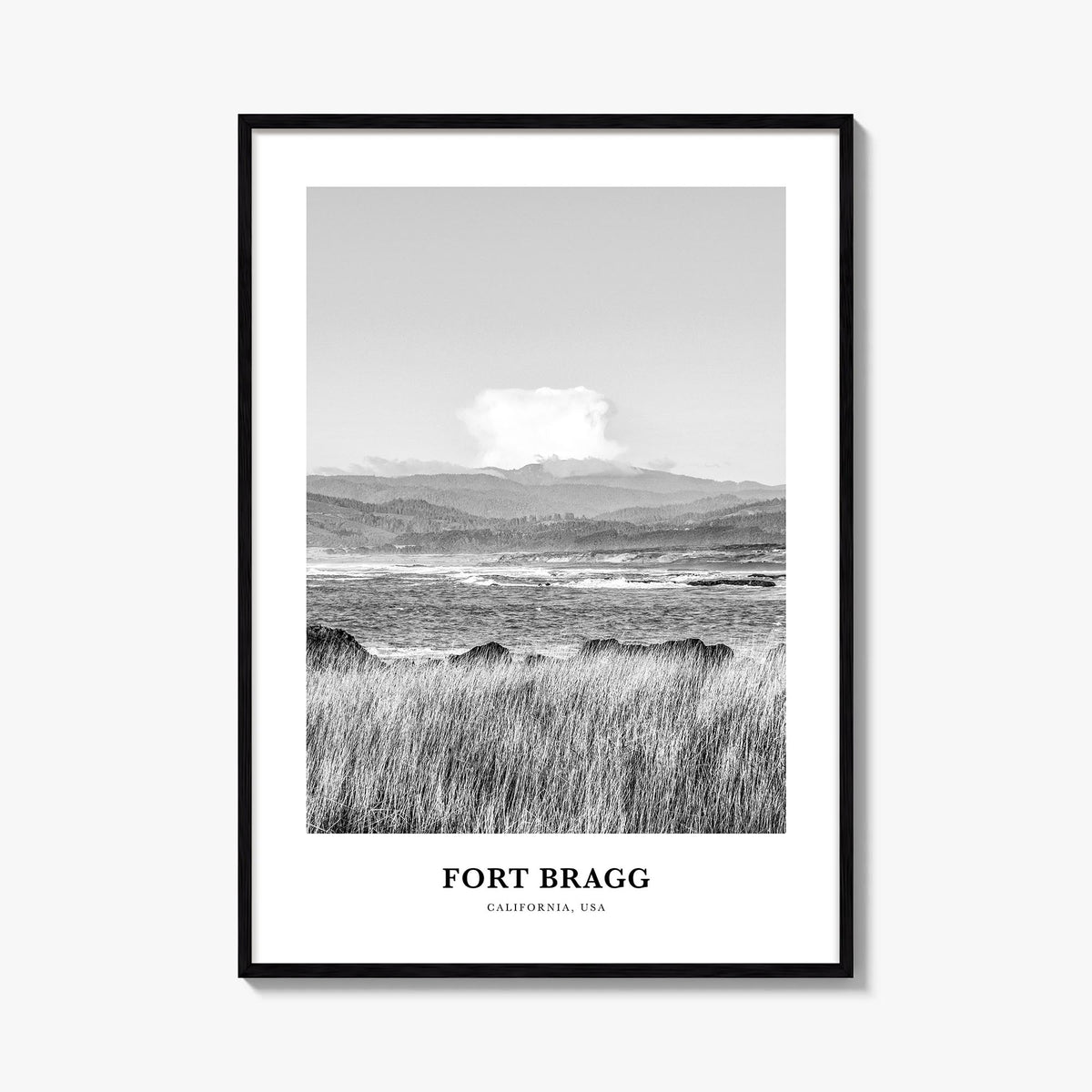 Fort Bragg black & white classic poster of California, USA – vertical wall art, unframed print shown in interior mockup