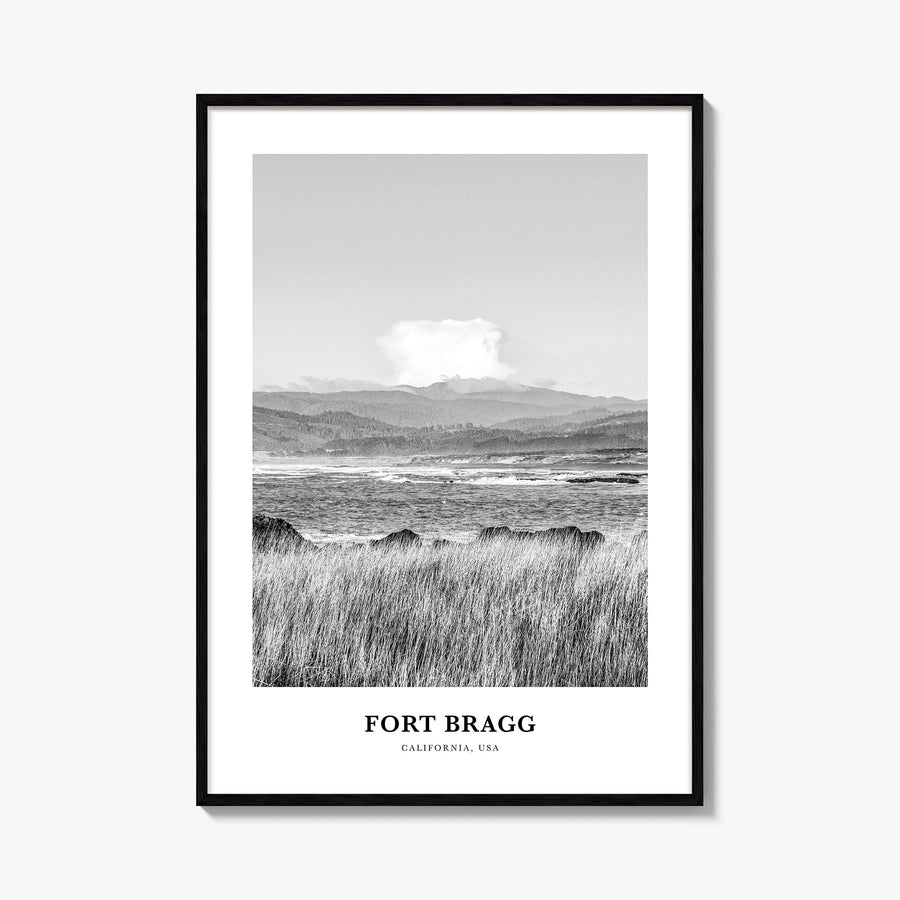 Fort Bragg black & white classic poster of California, USA – vertical wall art, unframed print shown in interior mockup