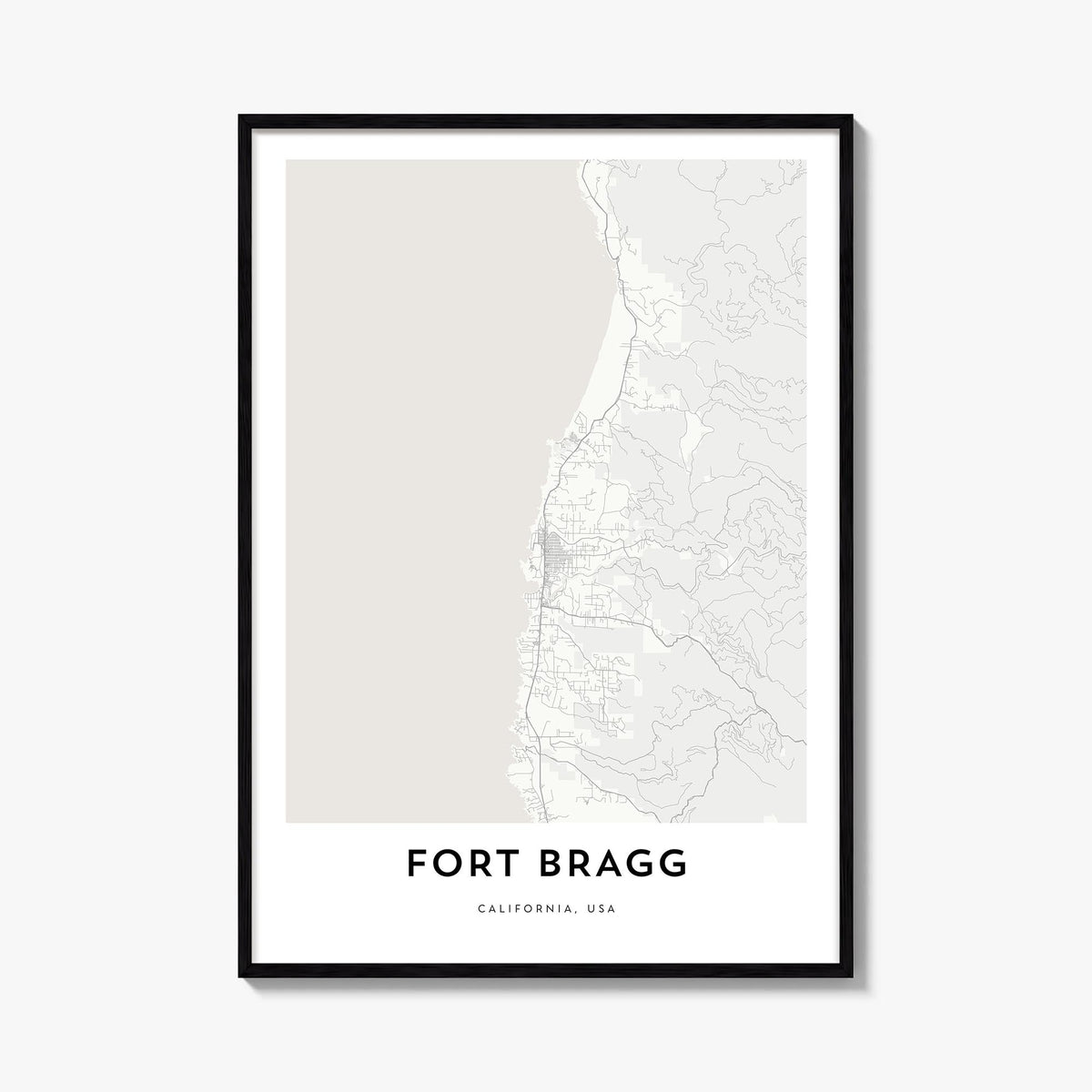Fort Bragg black & white map poster of California, USA – vertical wall art, unframed print shown in interior mockup