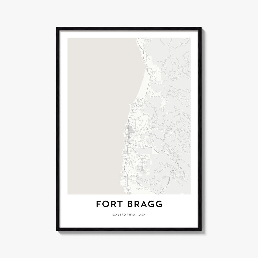 Fort Bragg black & white map poster of California, USA – vertical wall art, unframed print shown in interior mockup