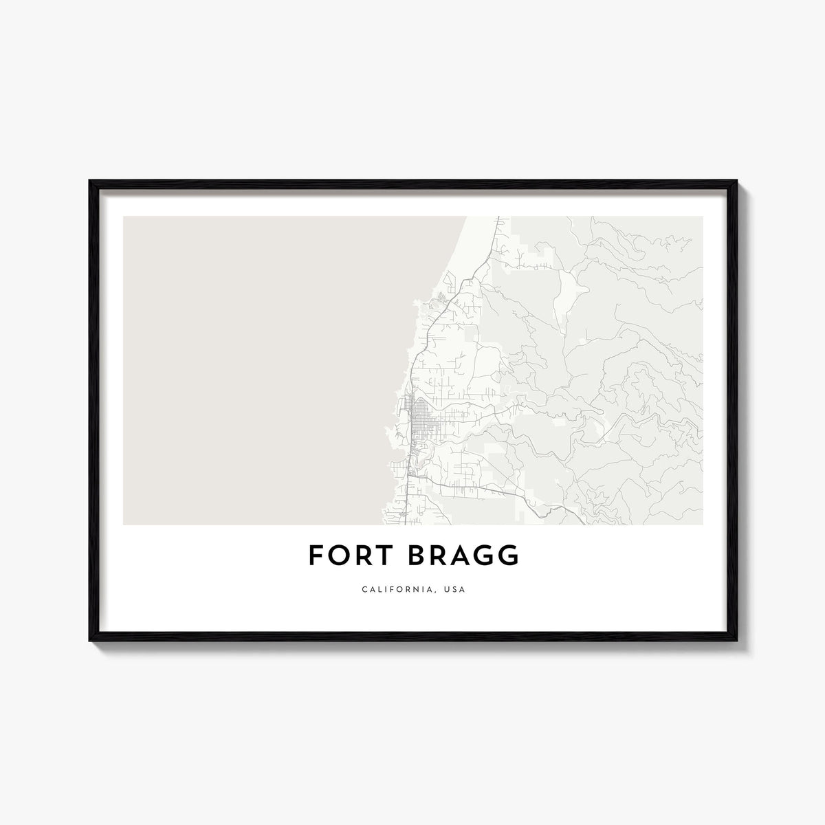 Fort Bragg black & white map poster of California, USA – horizontal wall art, unframed print shown in interior mockup