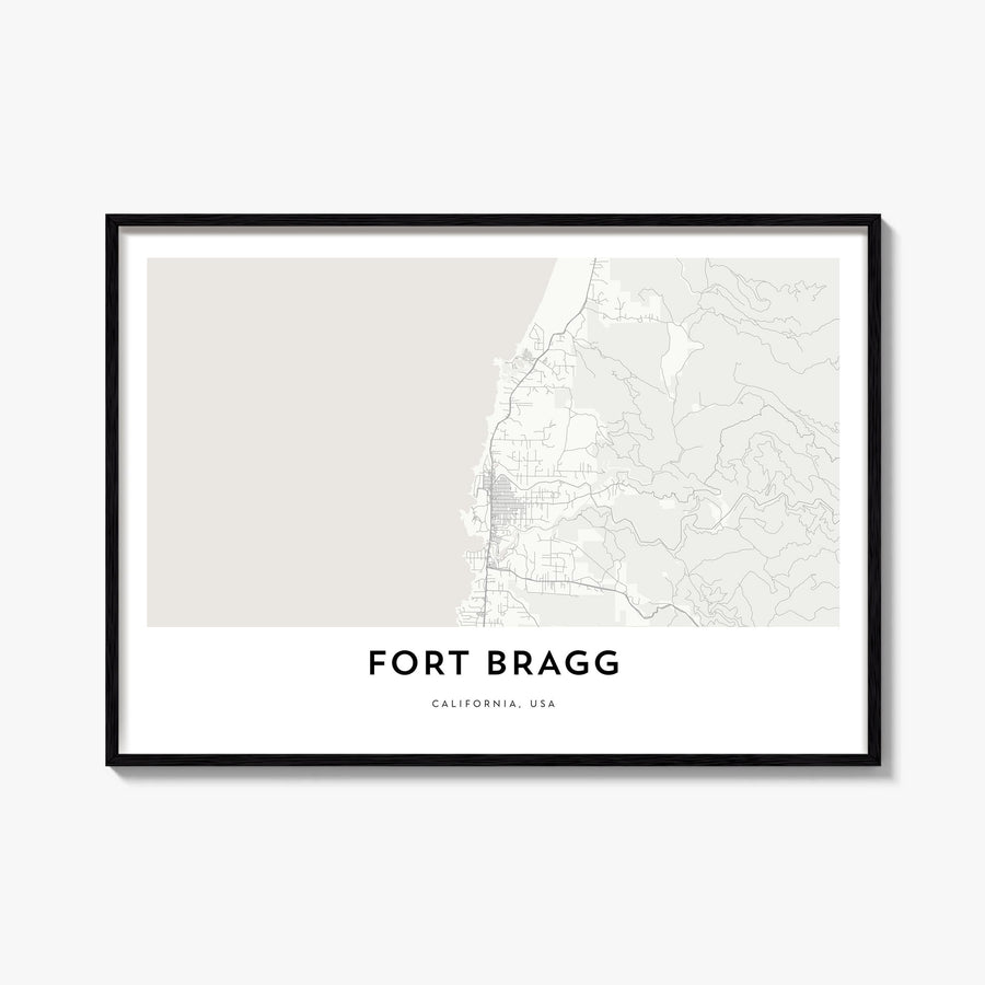 Fort Bragg black & white map poster of California, USA – horizontal wall art, unframed print shown in interior mockup