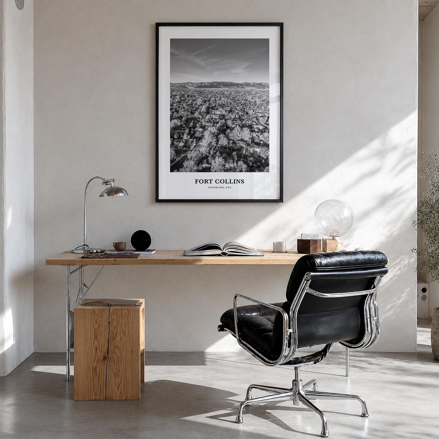 Fort Collins black & white classic poster of Colorado, USA – vertical wall art in black wood frame, hanging on wall