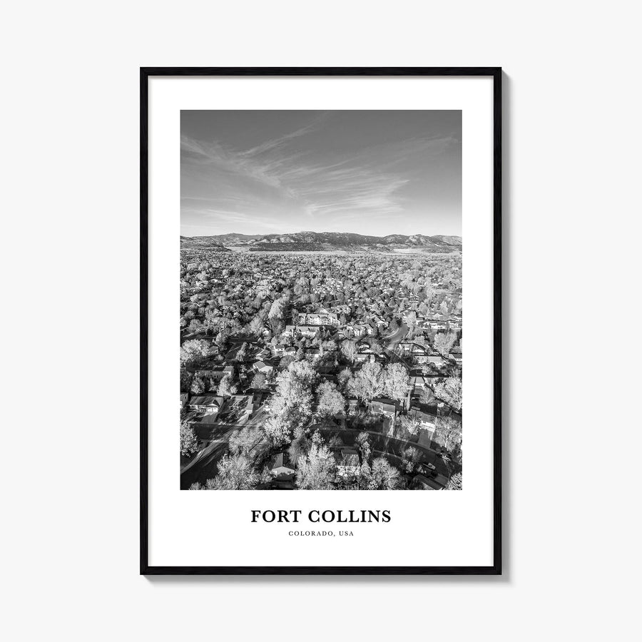 Fort Collins black & white classic poster of Colorado, USA – vertical wall art, unframed print shown in interior mockup