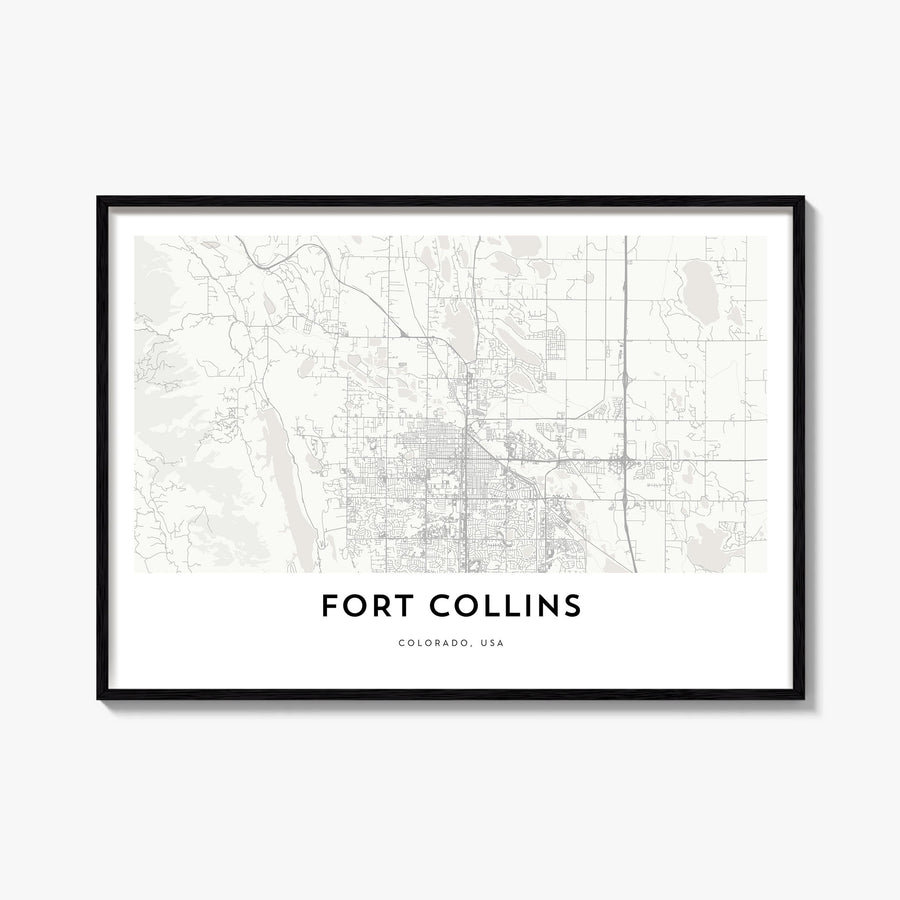 Fort Collins black & white map poster of Colorado, USA – horizontal wall art, unframed print shown in interior mockup