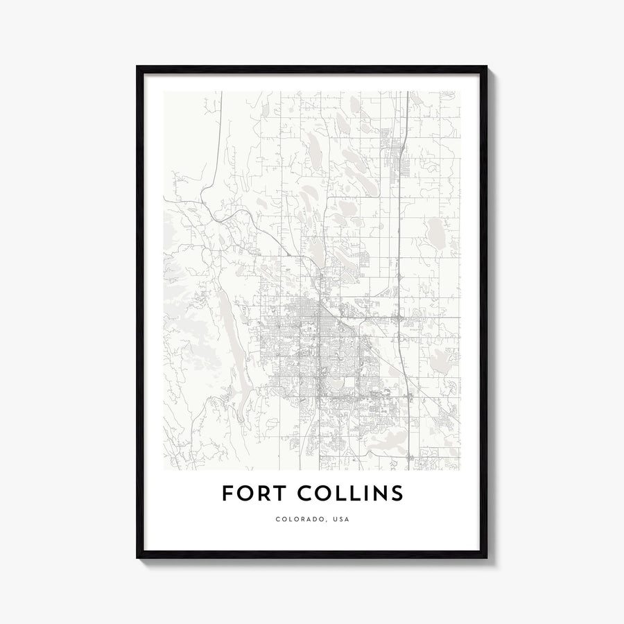 Fort Collins black & white map poster of Colorado, USA – vertical wall art, unframed print shown in interior mockup