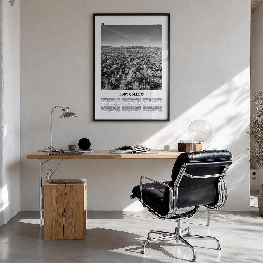 Fort Collins black & white newspaper poster of Colorado, USA – vertical wall art in black wood frame, hanging on wall