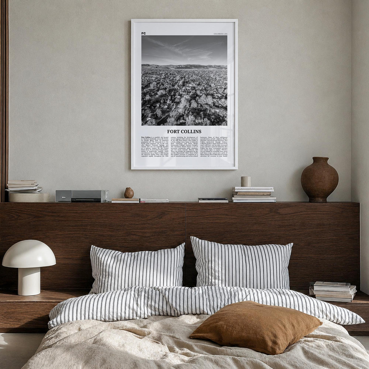 Fort Collins black & white newspaper poster of Colorado, USA – vertical wall art in white wood frame, hanging on wall
