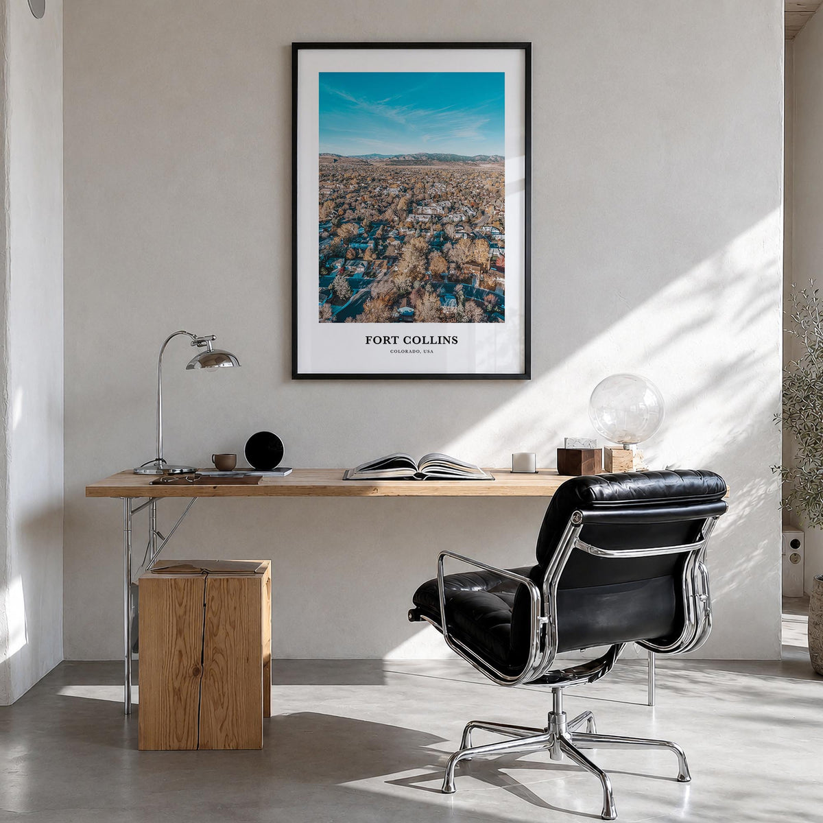 Fort Collins colorful classic poster of Colorado, USA – vertical wall art in black wood frame, hanging on wall