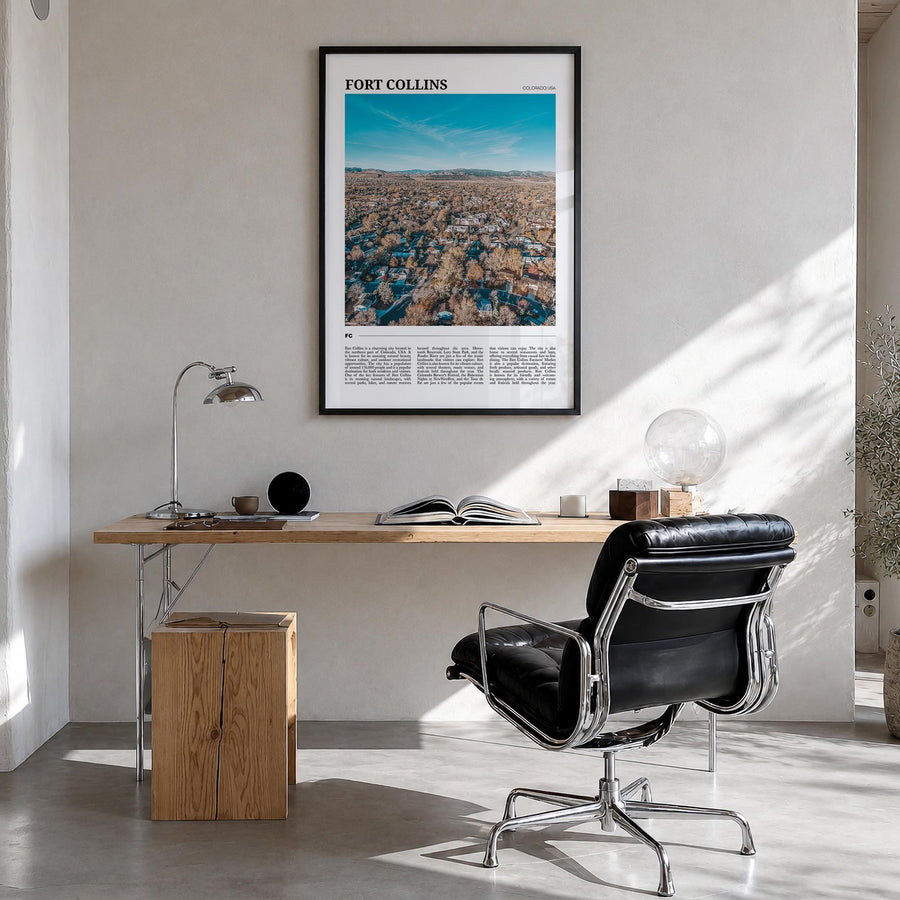 Fort Collins colorful travel poster of Colorado, USA – vertical wall art in black wood frame, hanging on wall