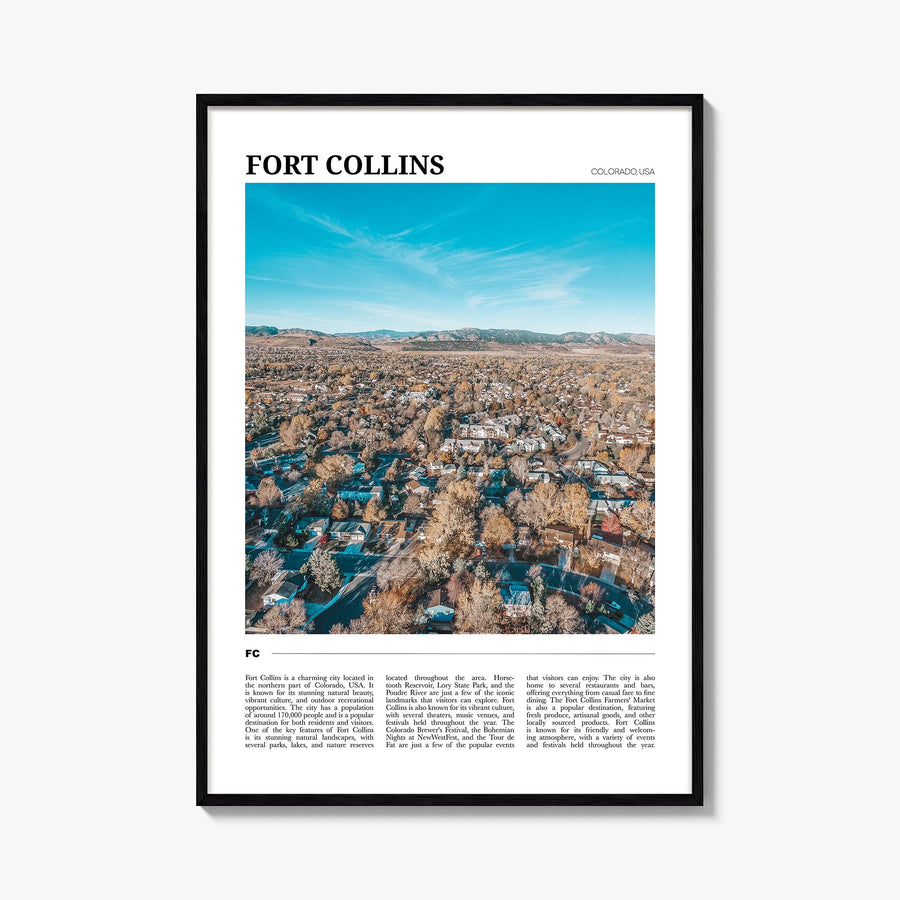 Fort Collins colorful travel poster of Colorado, USA – vertical wall art, unframed print shown in interior mockup