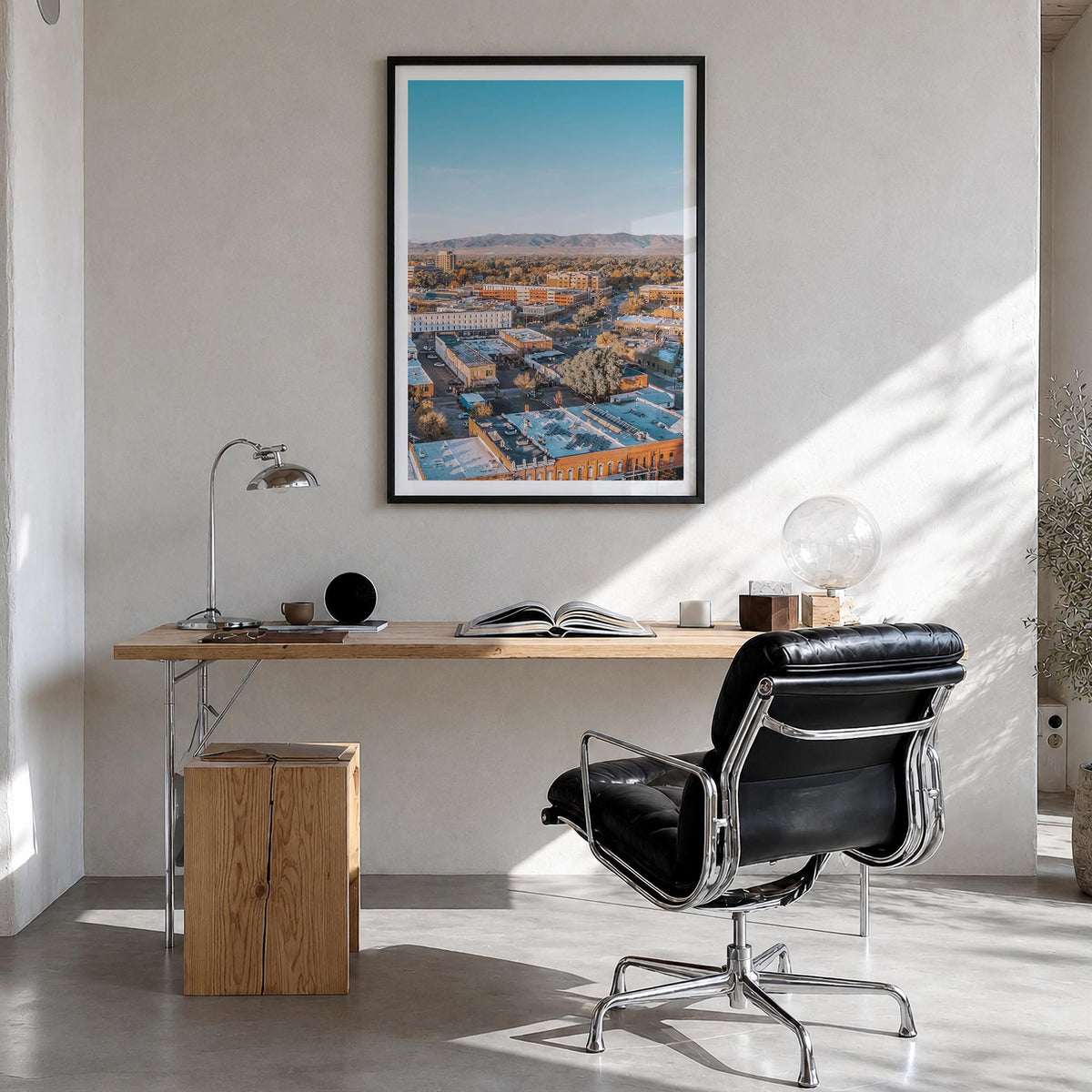 Fort Collins no. 1 colorful photo poster of Colorado, USA – vertical wall art in black wood frame with white border, hanging 