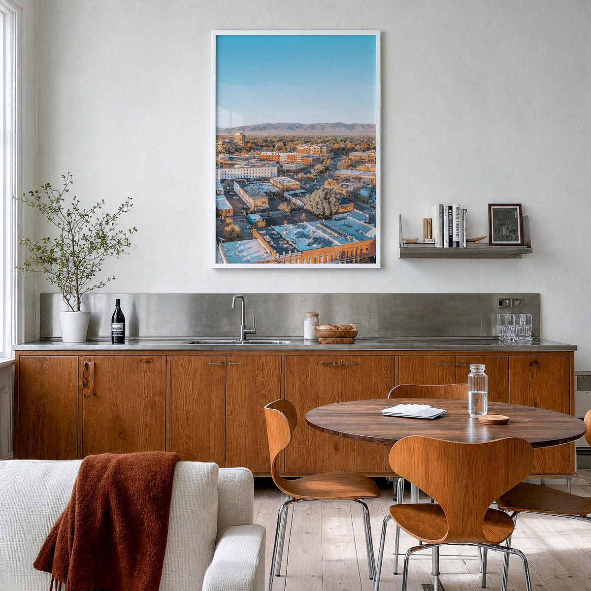 Fort Collins no. 1 colorful photo poster of Colorado, USA – vertical wall art in white wood frame, hanging on wall