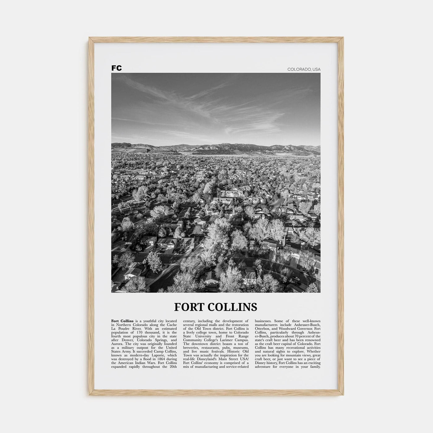 Fort Collins Poster Natural Wood / 8x12 in Nbourhood Travel B&W Poster