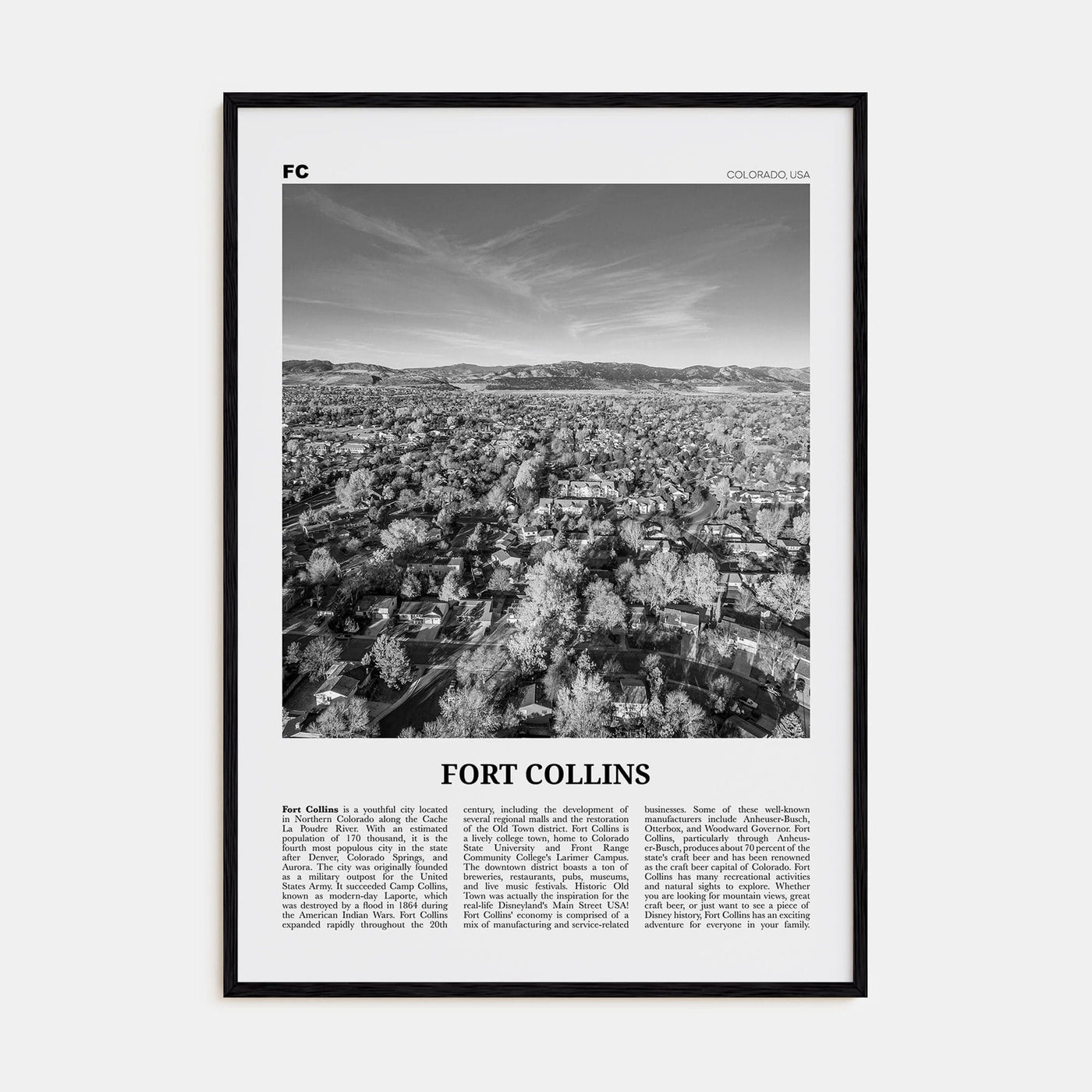 Fort Collins Poster Black Wood / 8x12 in Nbourhood Travel B&W Poster