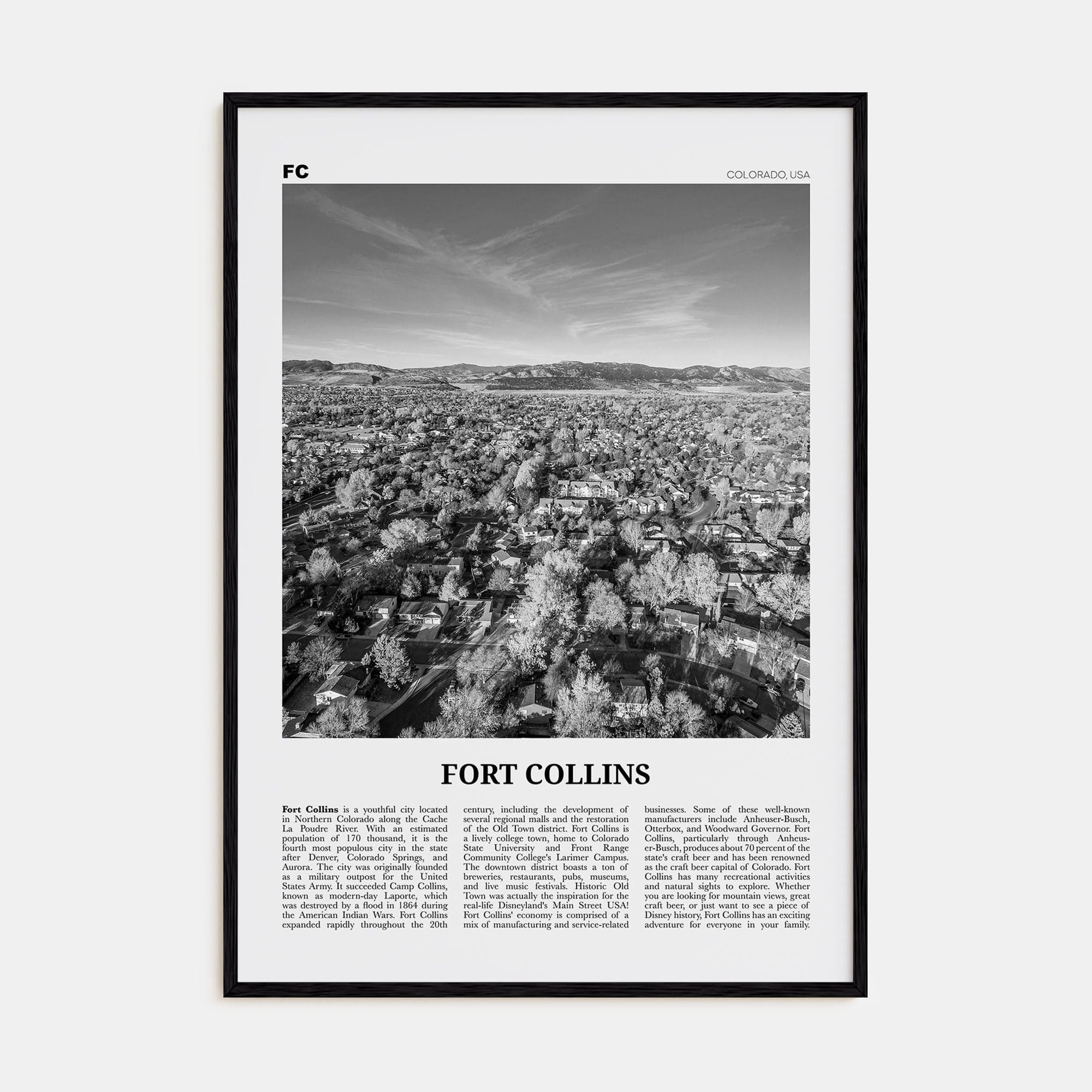 Fort Collins Poster Black Wood / 8x12 in Nbourhood Travel B&W Poster