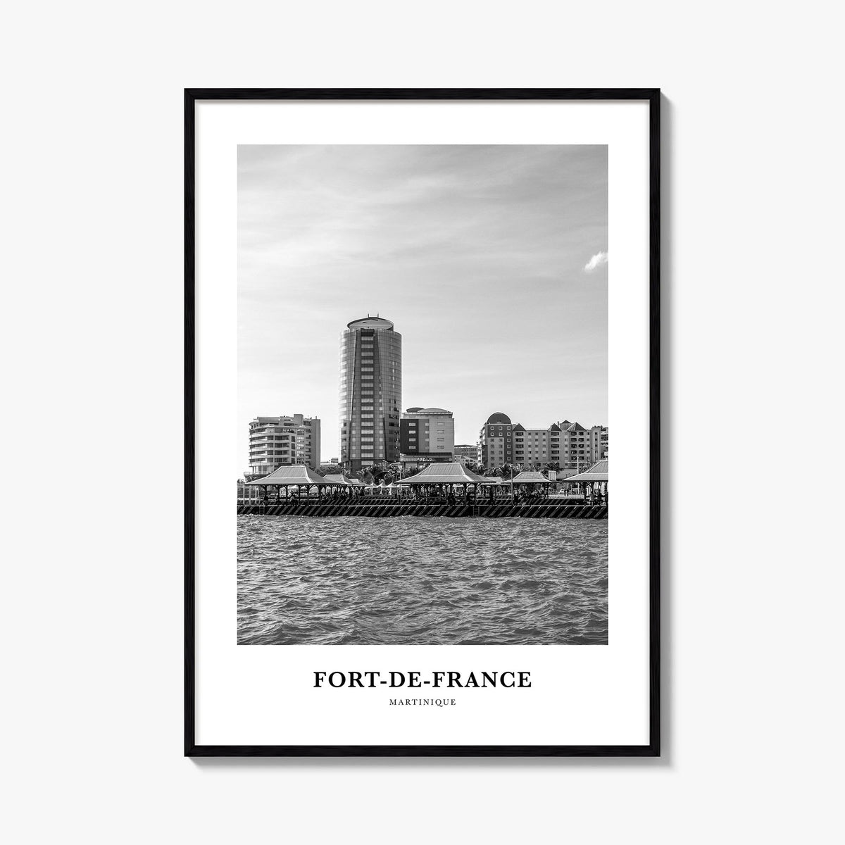 Fort-de-France black & white classic poster of Martinique – vertical wall art, unframed print shown in interior mockup