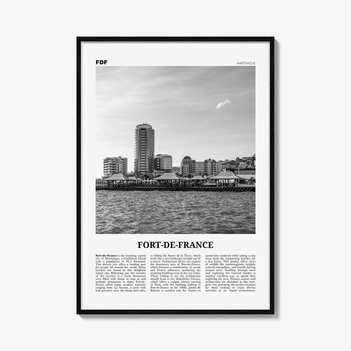 Fort-de-France black & white newspaper poster of Martinique – vertical wall art, unframed print shown in interior mockup