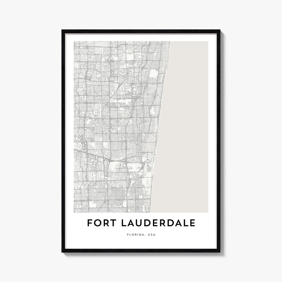 Fort Lauderdale black & white map poster of Florida, USA – vertical wall art, unframed print shown in interior mockup