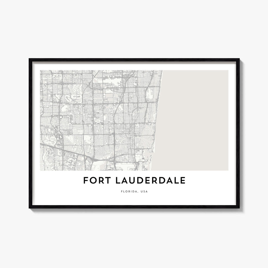 Fort Lauderdale black & white map poster of Florida, USA – horizontal wall art, unframed print shown in interior mockup