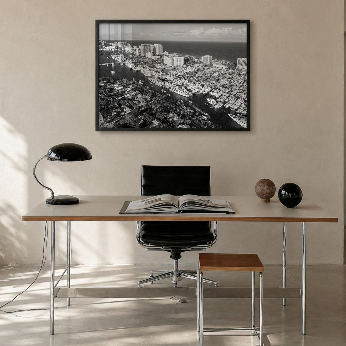 Fort Lauderdale black & white photo poster of Florida, USA – horizontal wall art in black wood frame, hanging on wall